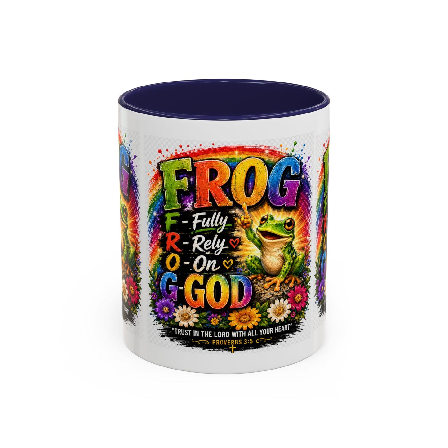 Frog Coffee Mug — “FROG: Fully Rely On God” Rainbow Christian Accent Mug