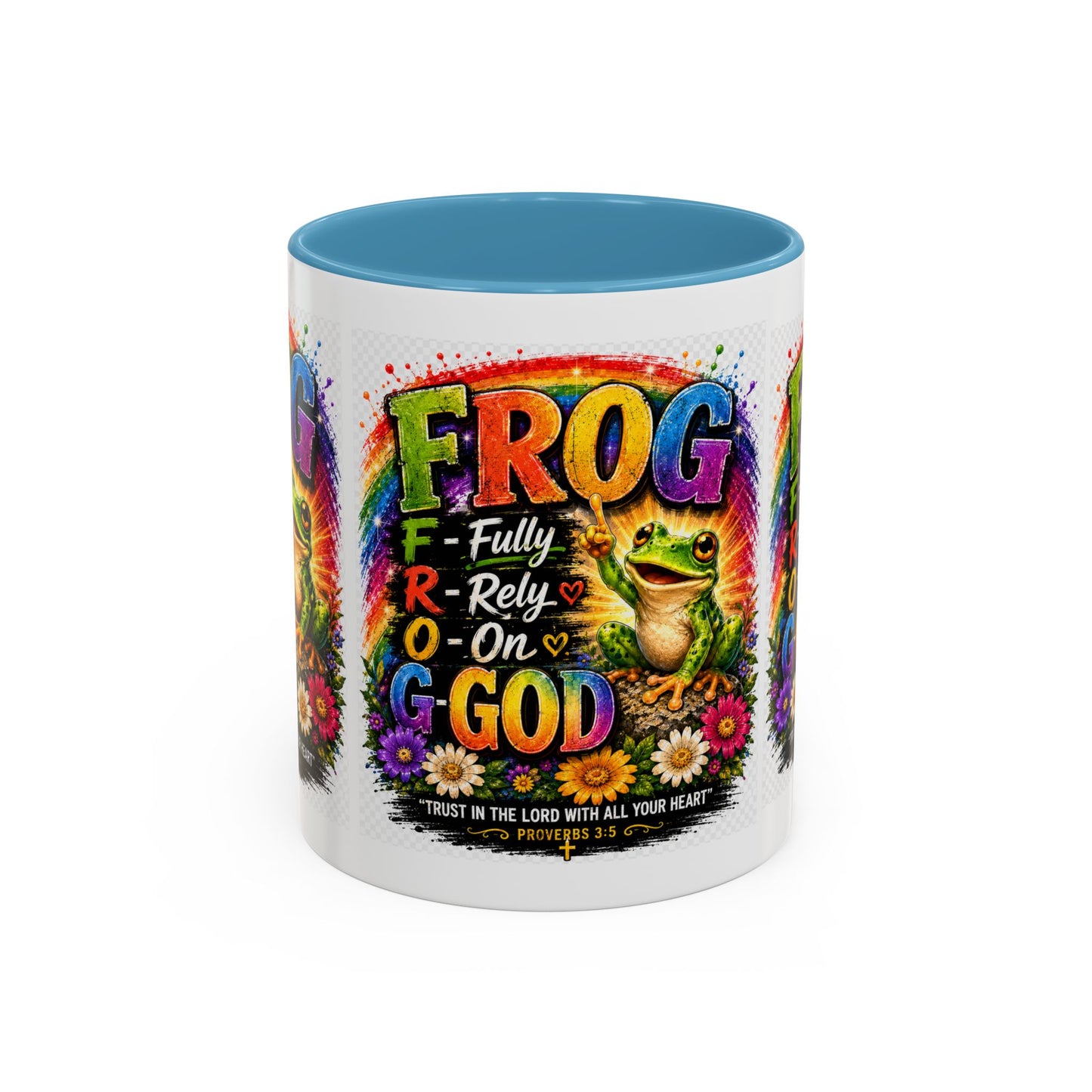 Frog Coffee Mug — “FROG: Fully Rely On God” Rainbow Christian Accent Mug