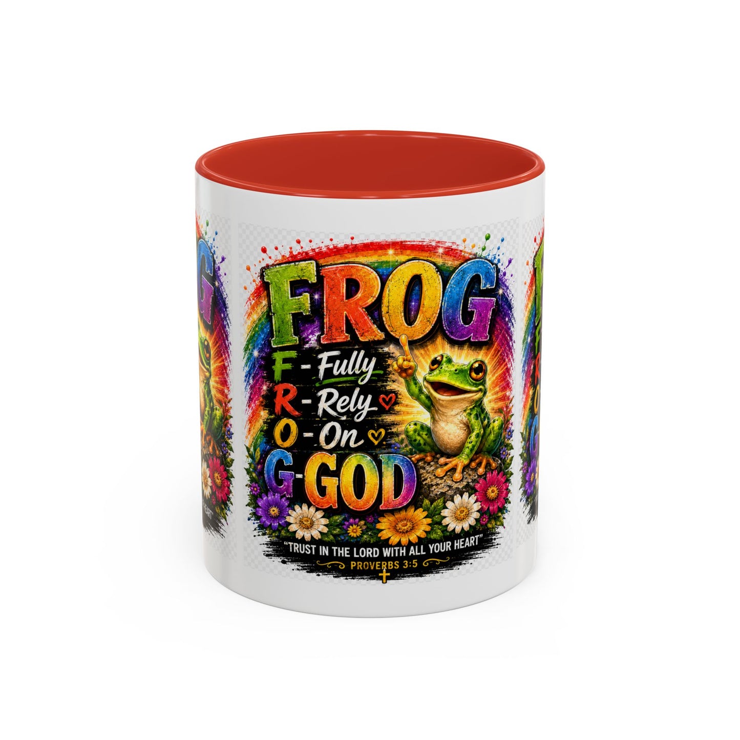 Frog Coffee Mug — “FROG: Fully Rely On God” Rainbow Christian Accent Mug