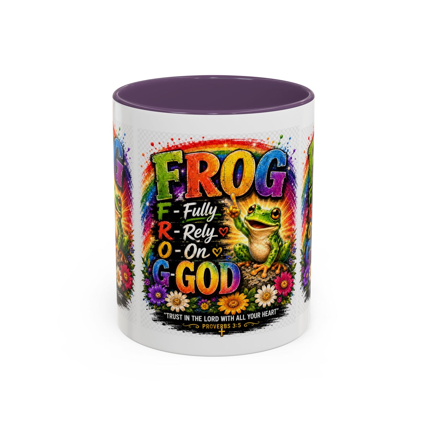 Frog Coffee Mug — “FROG: Fully Rely On God” Rainbow Christian Accent Mug