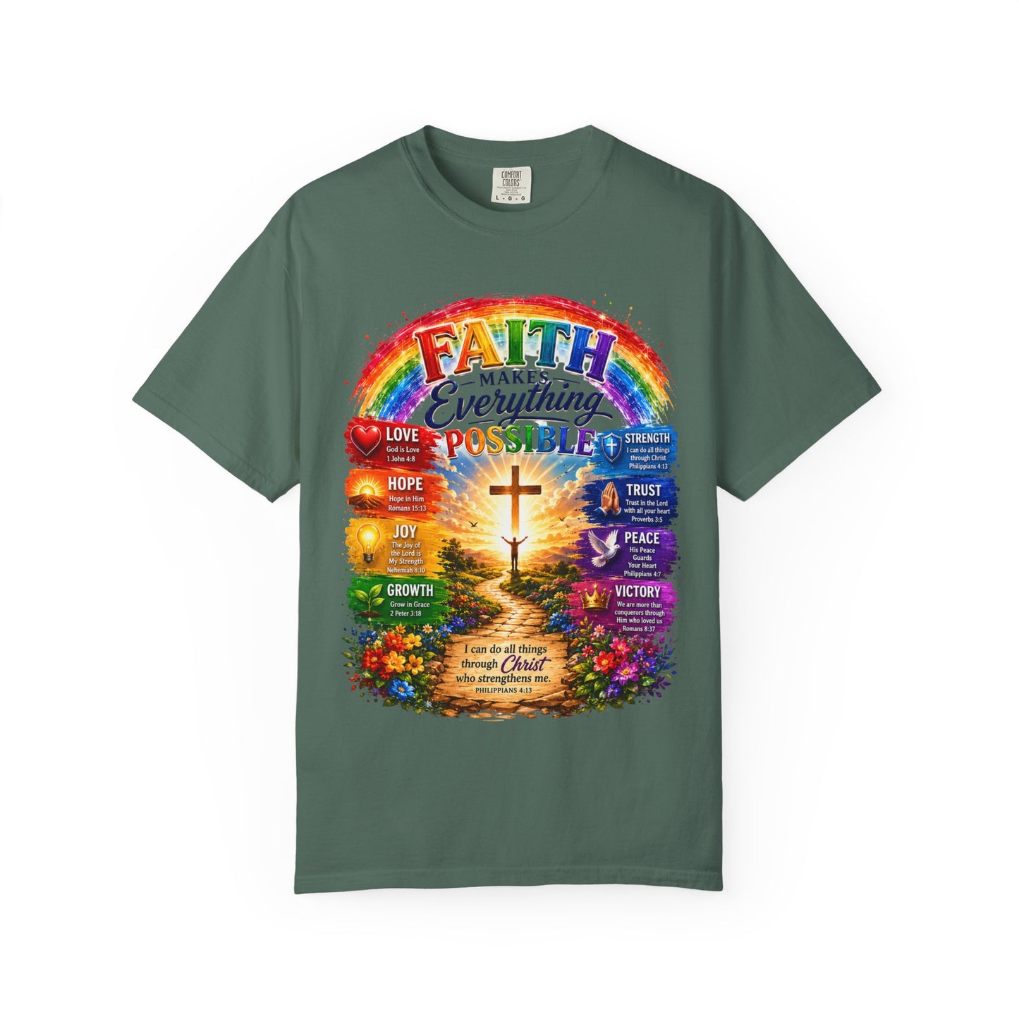 Faith Makes Everything Possible T-Shirt — Christian Cross Rainbow Inspirational Tee