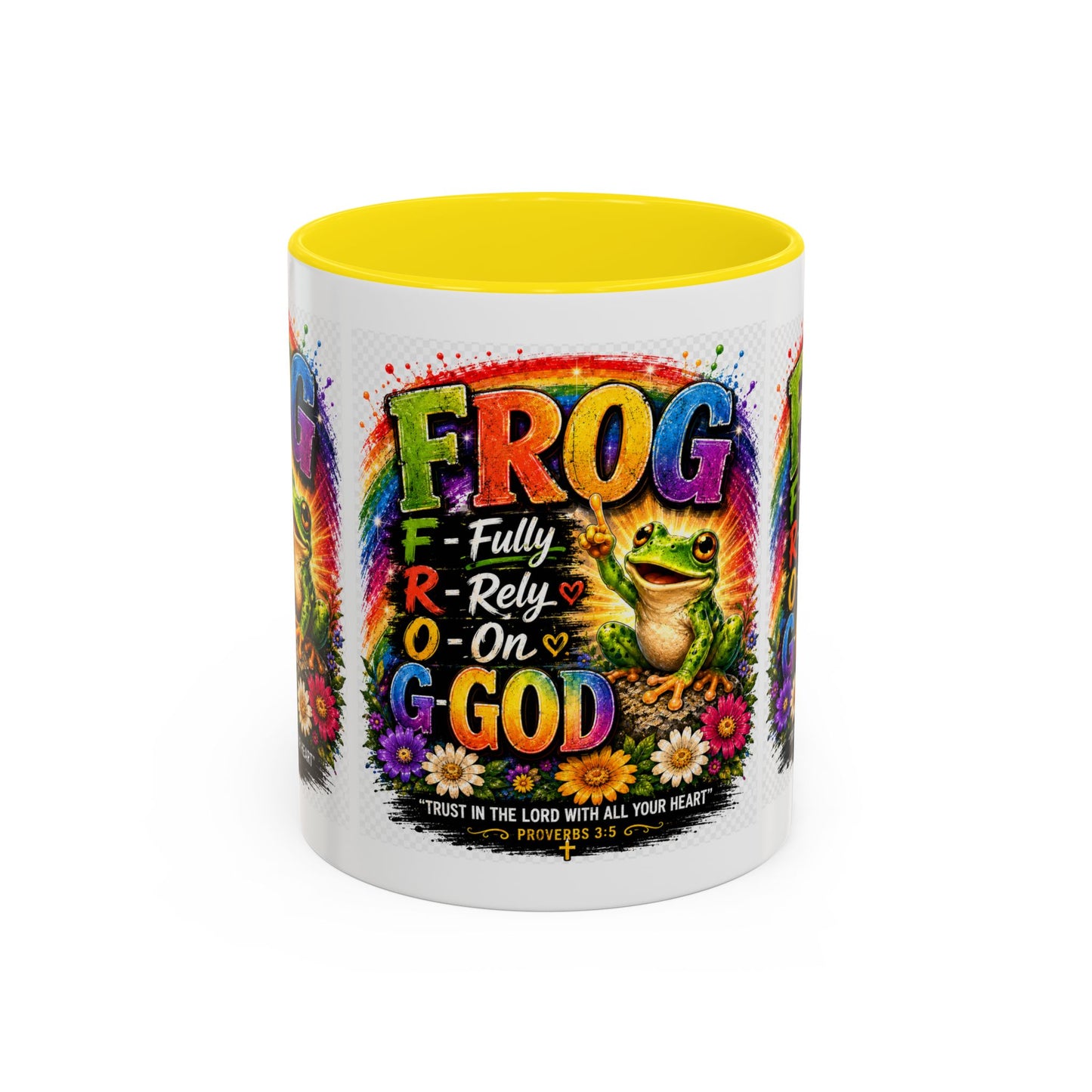 Frog Coffee Mug — “FROG: Fully Rely On God” Rainbow Christian Accent Mug