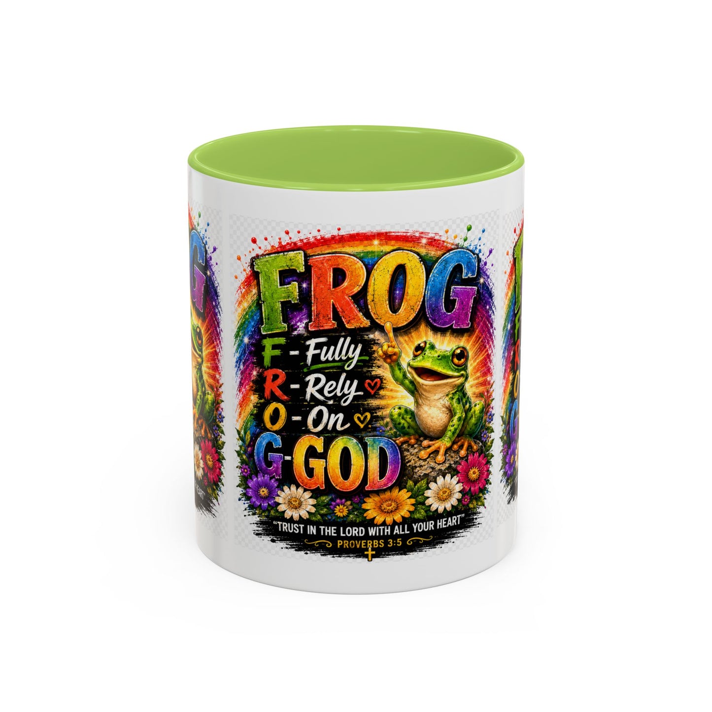 Frog Coffee Mug — “FROG: Fully Rely On God” Rainbow Christian Accent Mug